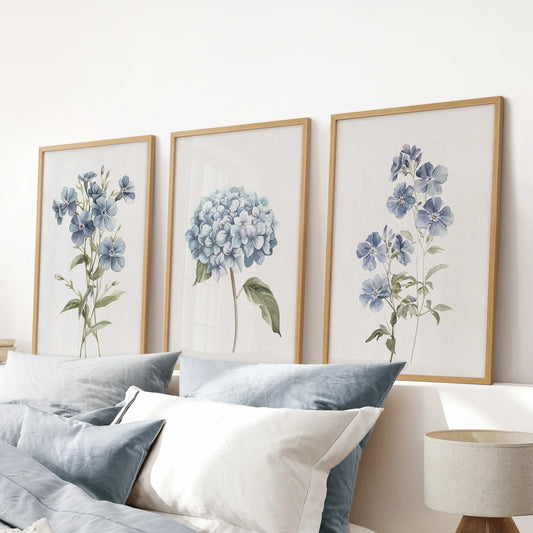 Blue Hydrangea Flower Wall Art. Floral Set of 3 Prints