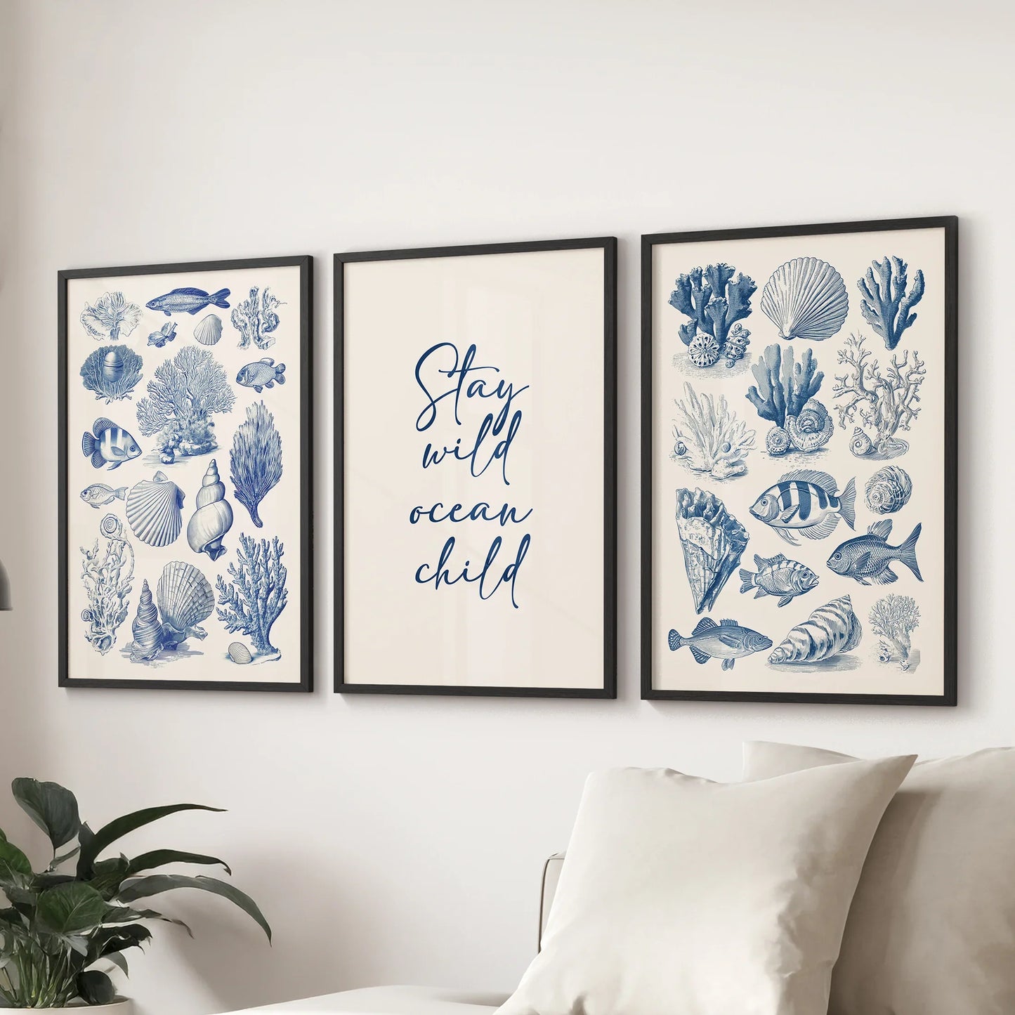Coastal Sea Life Prints. Blue Sea Shells and Fish Print Set