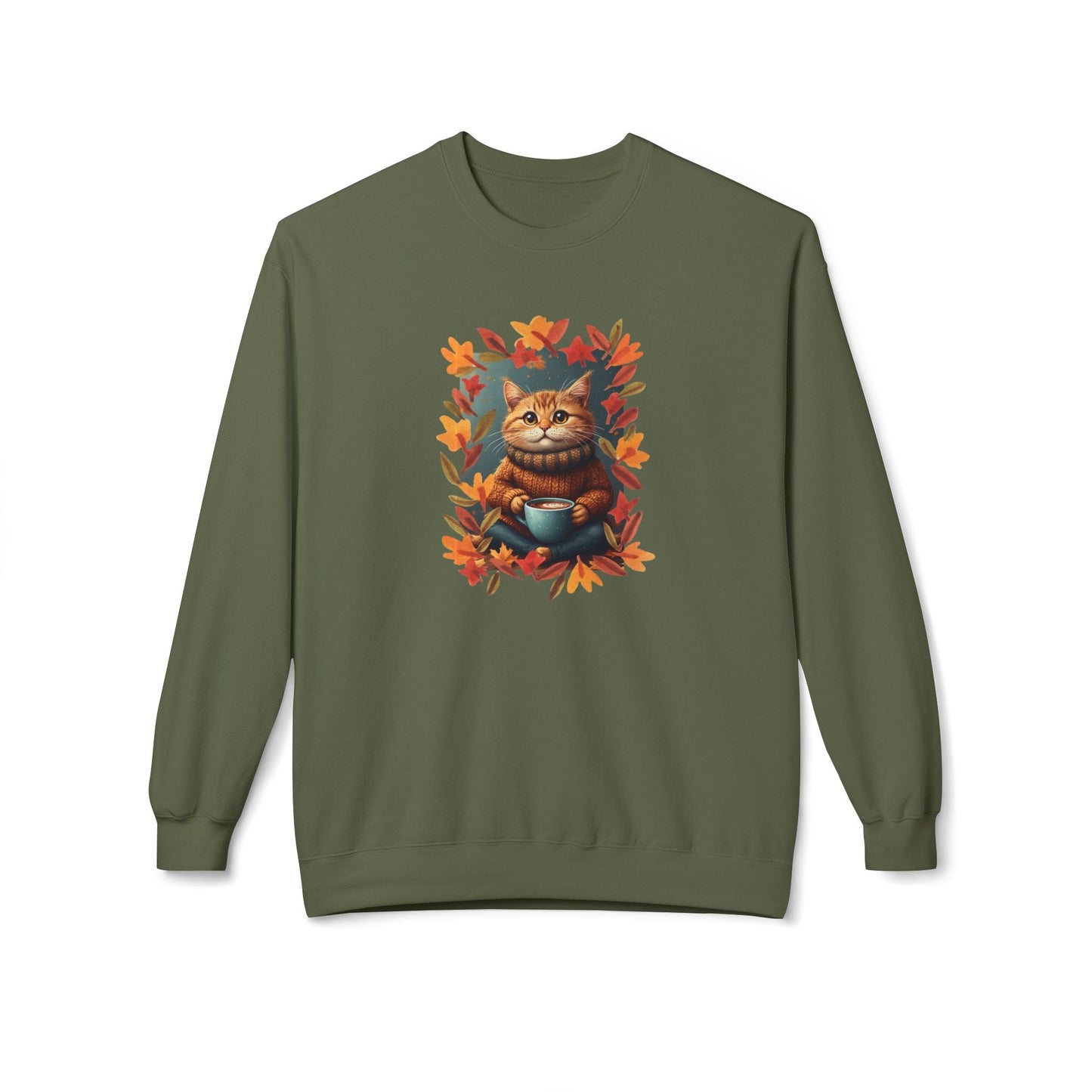 Whimsical Fall Kitty Fleece Sweatshirt for Cozy Autumn Wear