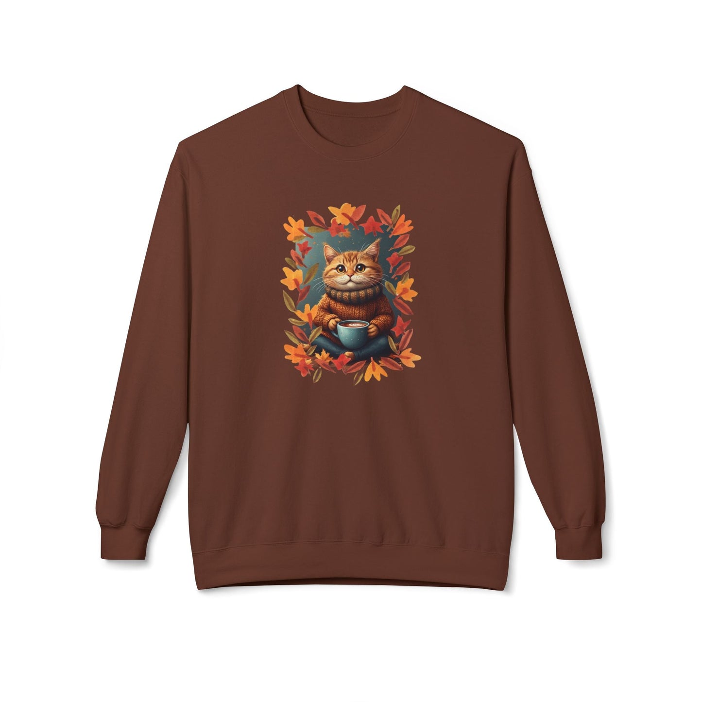 Whimsical Fall Kitty Fleece Sweatshirt for Cozy Autumn Wear