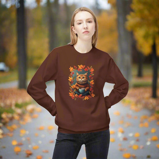 Whimsical Fall Kitty Fleece Sweatshirt for Cozy Autumn Wear