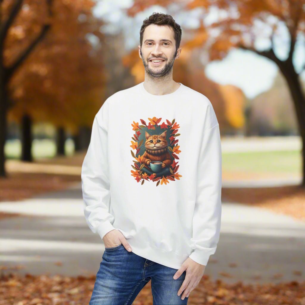 Whimsical Fall Kitty Fleece Sweatshirt for Cozy Autumn Wear