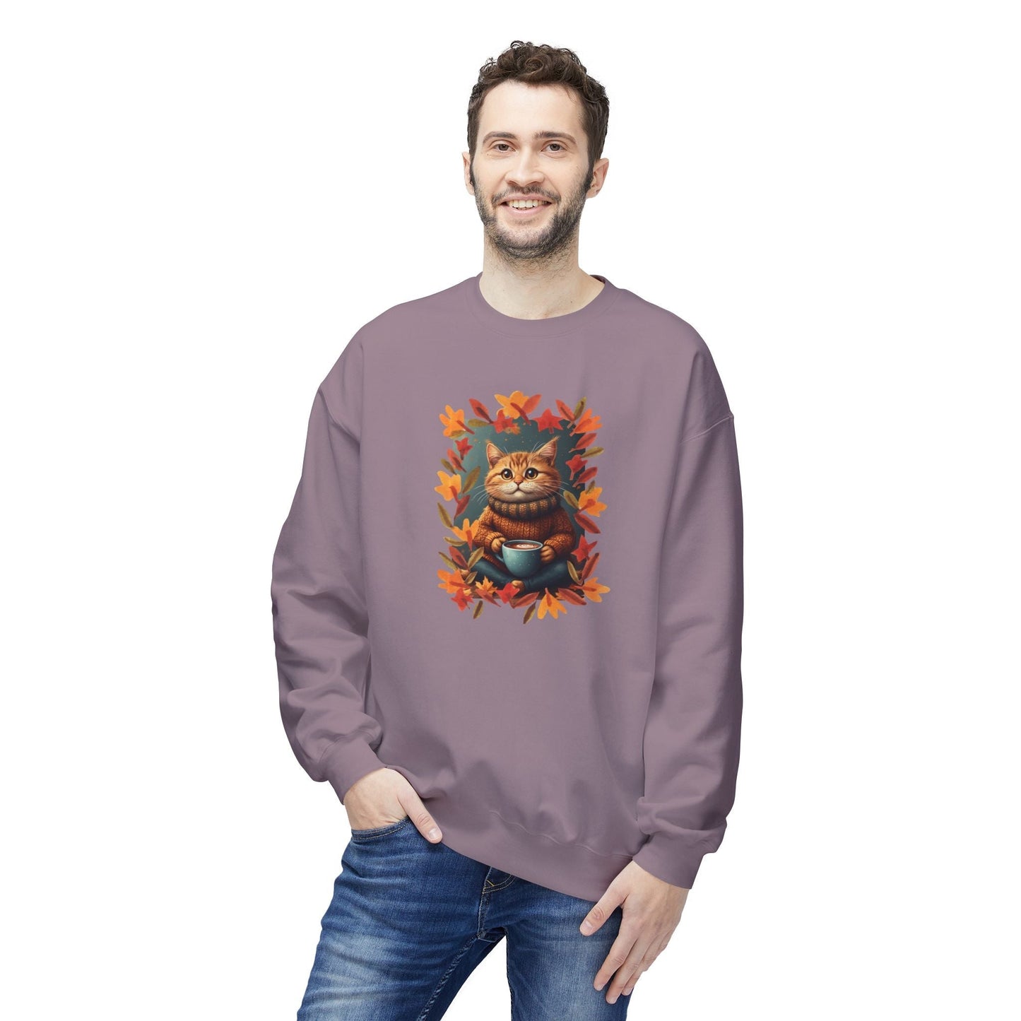 Whimsical Fall Kitty Fleece Sweatshirt for Cozy Autumn Wear