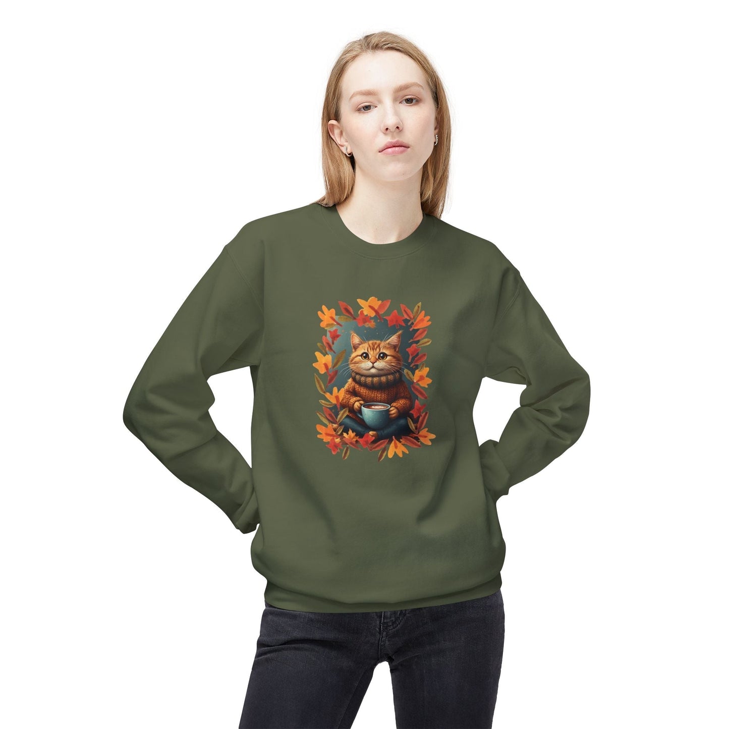 Whimsical Fall Kitty Fleece Sweatshirt for Cozy Autumn Wear