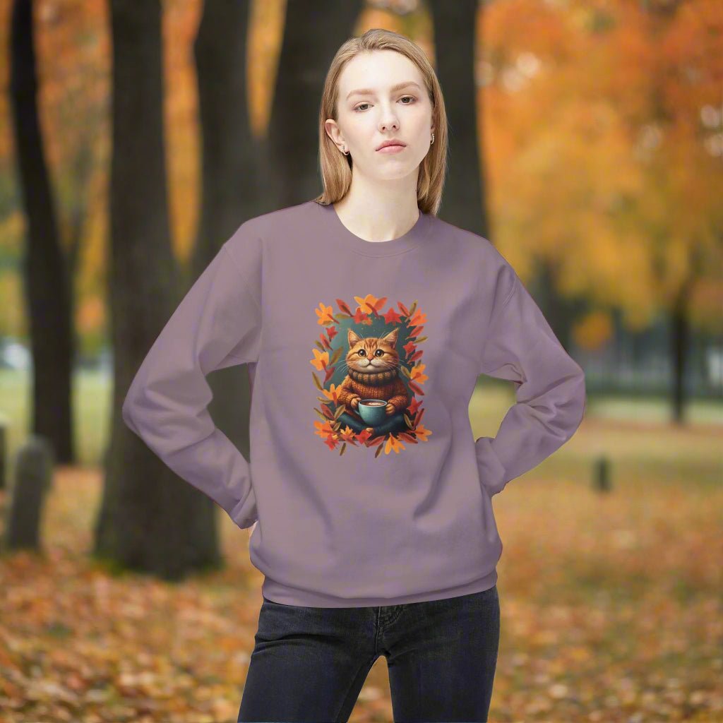 Whimsical Fall Kitty Fleece Sweatshirt for Cozy Autumn Wear