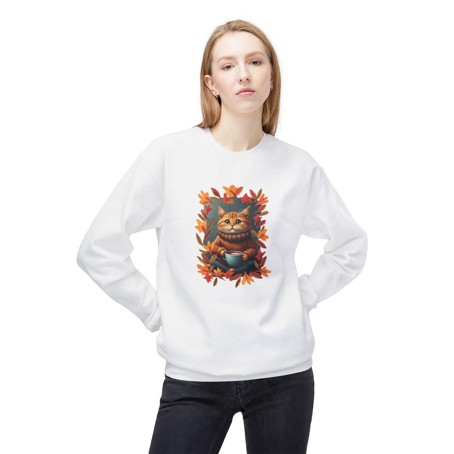 Whimsical Fall Kitty Fleece Sweatshirt for Cozy Autumn Wear