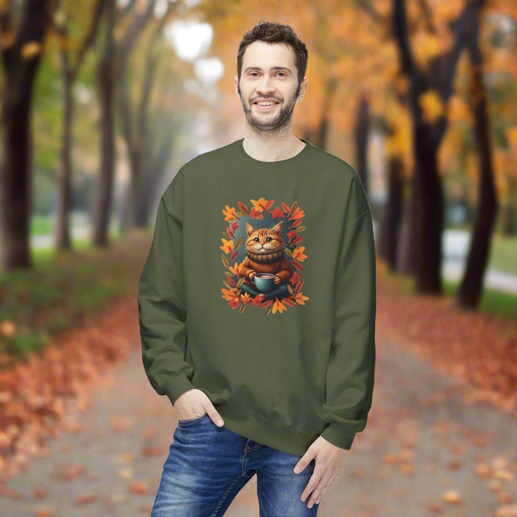 Whimsical Fall Kitty Fleece Sweatshirt for Cozy Autumn Wear