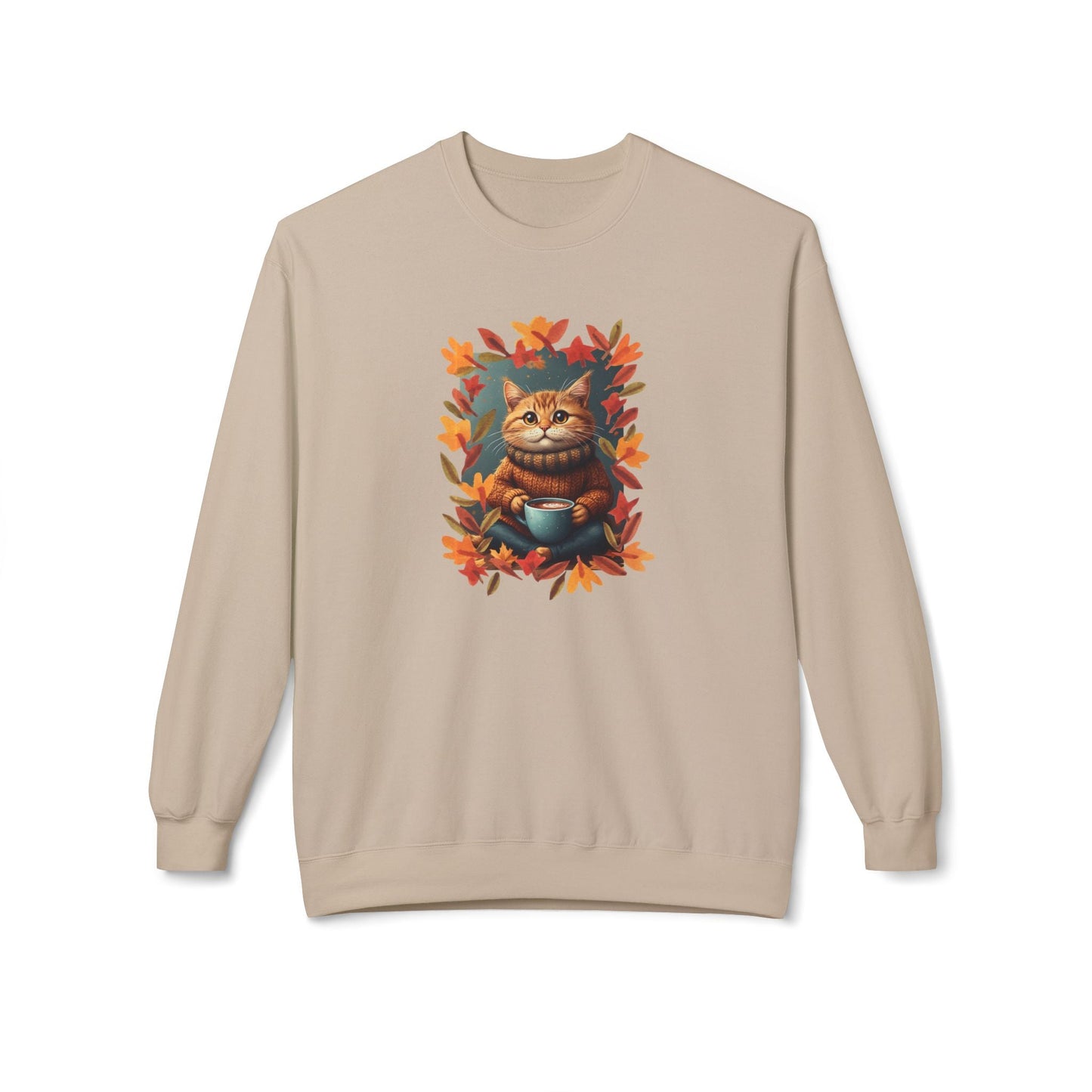 Whimsical Fall Kitty Fleece Sweatshirt for Cozy Autumn Wear