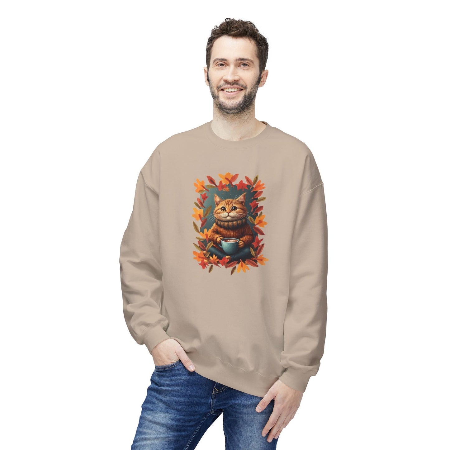 Whimsical Fall Kitty Fleece Sweatshirt for Cozy Autumn Wear