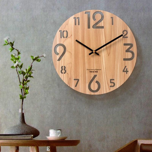 Wooden 3D Wall Clock Modern Design Nordic Brief Living Room Decoration Wooden Round Wall Clock Vintage Rustic Clock for Kitchen Bedroom Office Home Silent & Non-Ticking Large Numbers Kitchen Clock Art Hollow Wall Watch Home Decor 12 inch