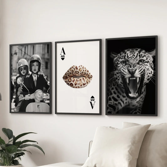 Black White Fashion Set of 3 Prints. Leopard, Lips, Scooter