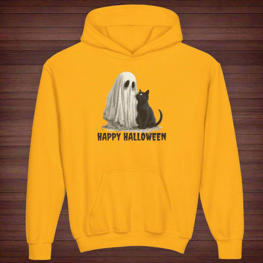 Youth Halloween Ghost & Cat Hoodie for Fun and Festive Celebrations