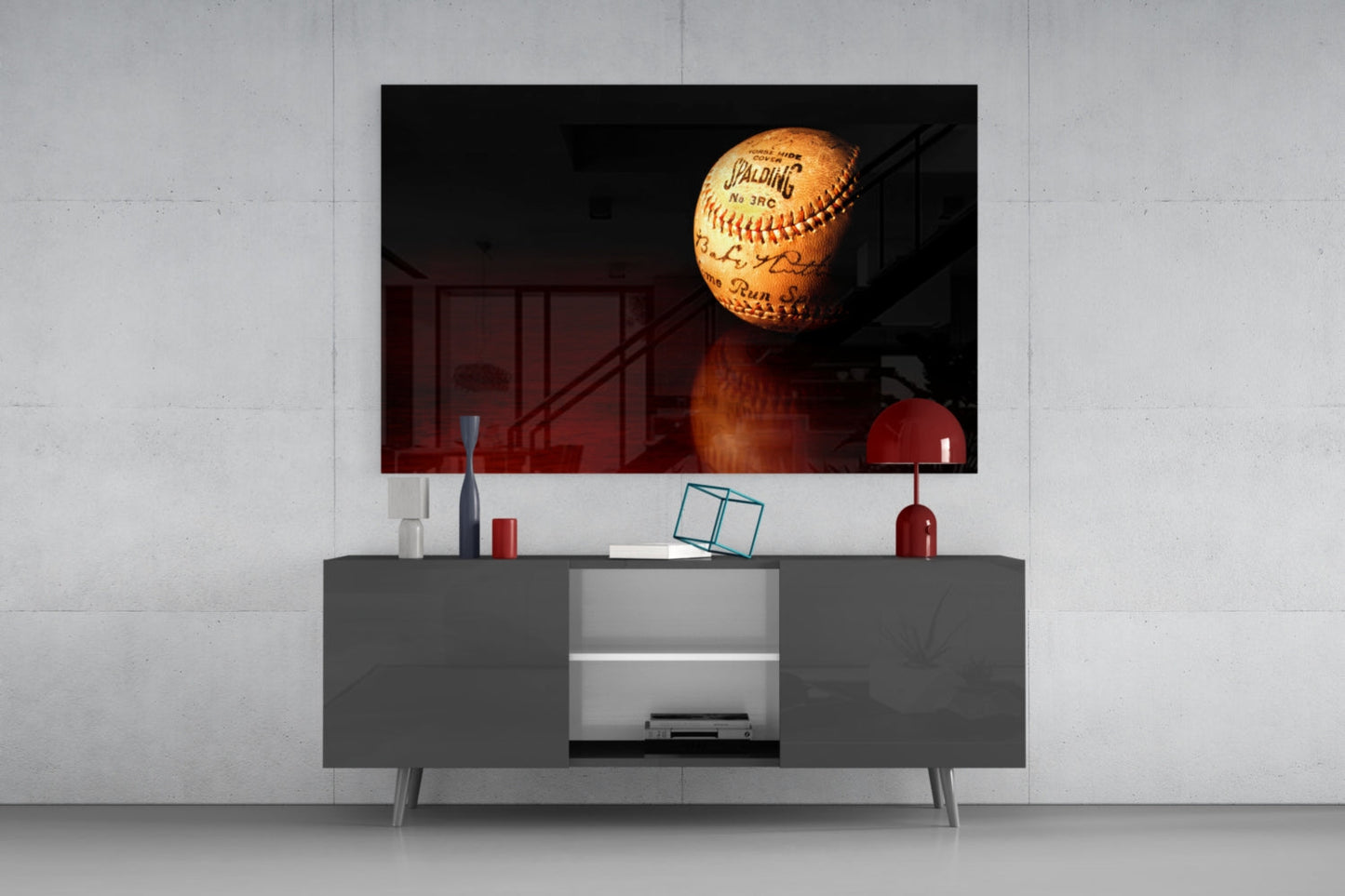 Baseball Glass Wall Art Featuring Signed Vintage Spalding No.3 RC Horsehide Baseball on Mahogany Surface