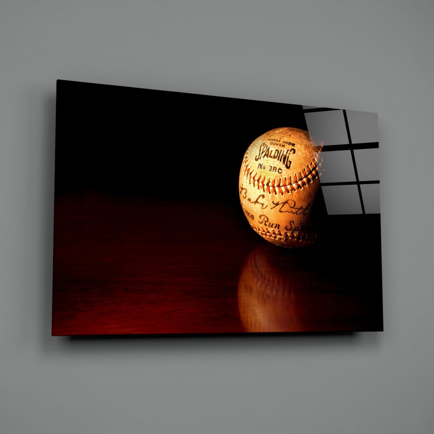 Baseball Glass Wall Art Featuring Signed Vintage Spalding No.3 RC Horsehide Baseball on Mahogany Surface