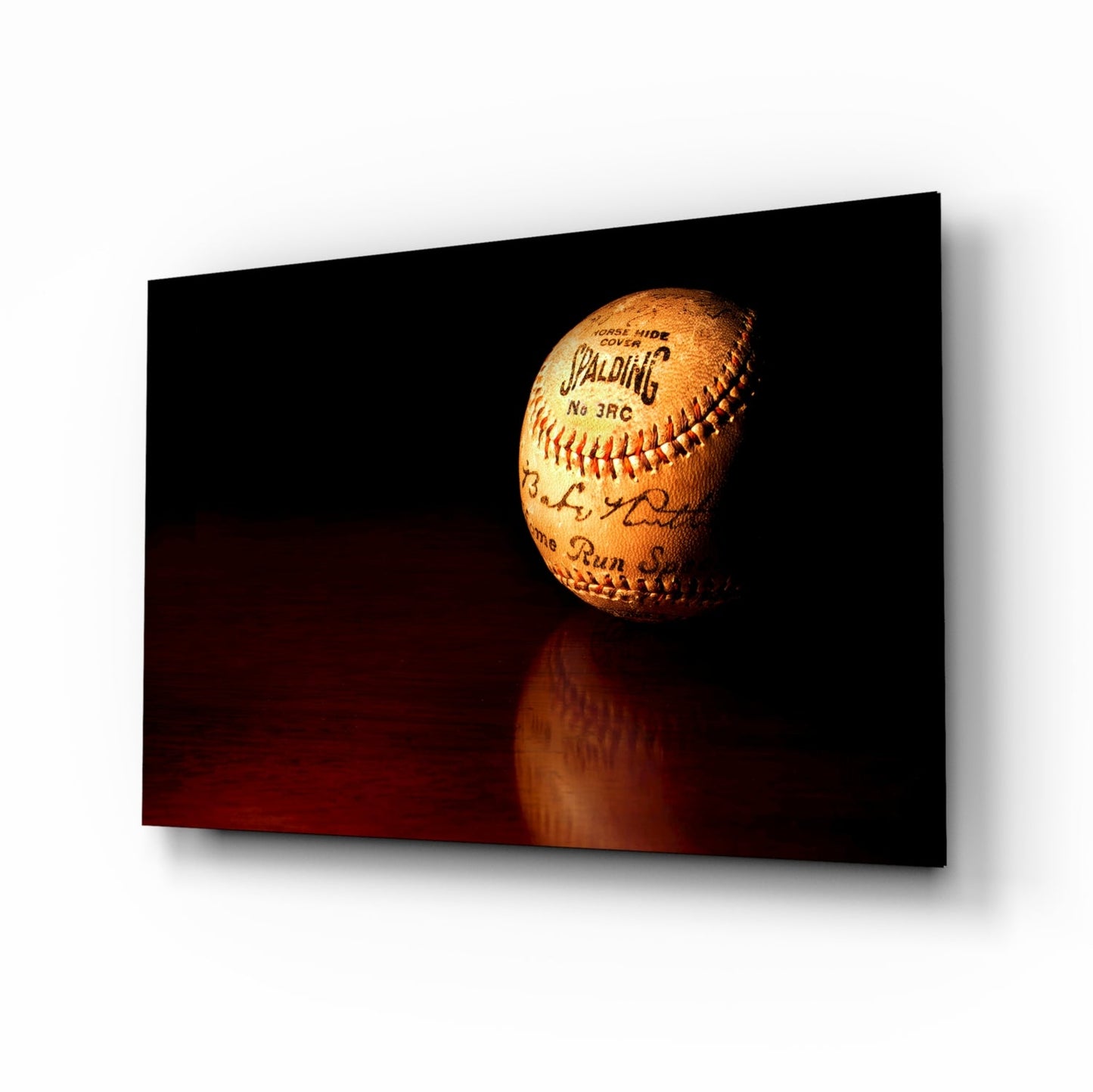 Baseball Glass Wall Art Featuring Signed Vintage Spalding No.3 RC Horsehide Baseball on Mahogany Surface