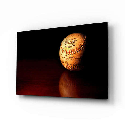 Baseball Glass Wall Art Featuring Signed Vintage Spalding No.3 RC Horsehide Baseball on Mahogany Surface
