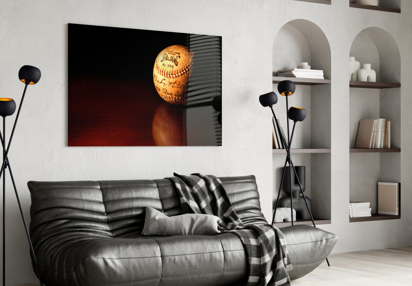 Baseball Glass Wall Art Featuring Signed Vintage Spalding No.3 RC Horsehide Baseball on Mahogany Surface