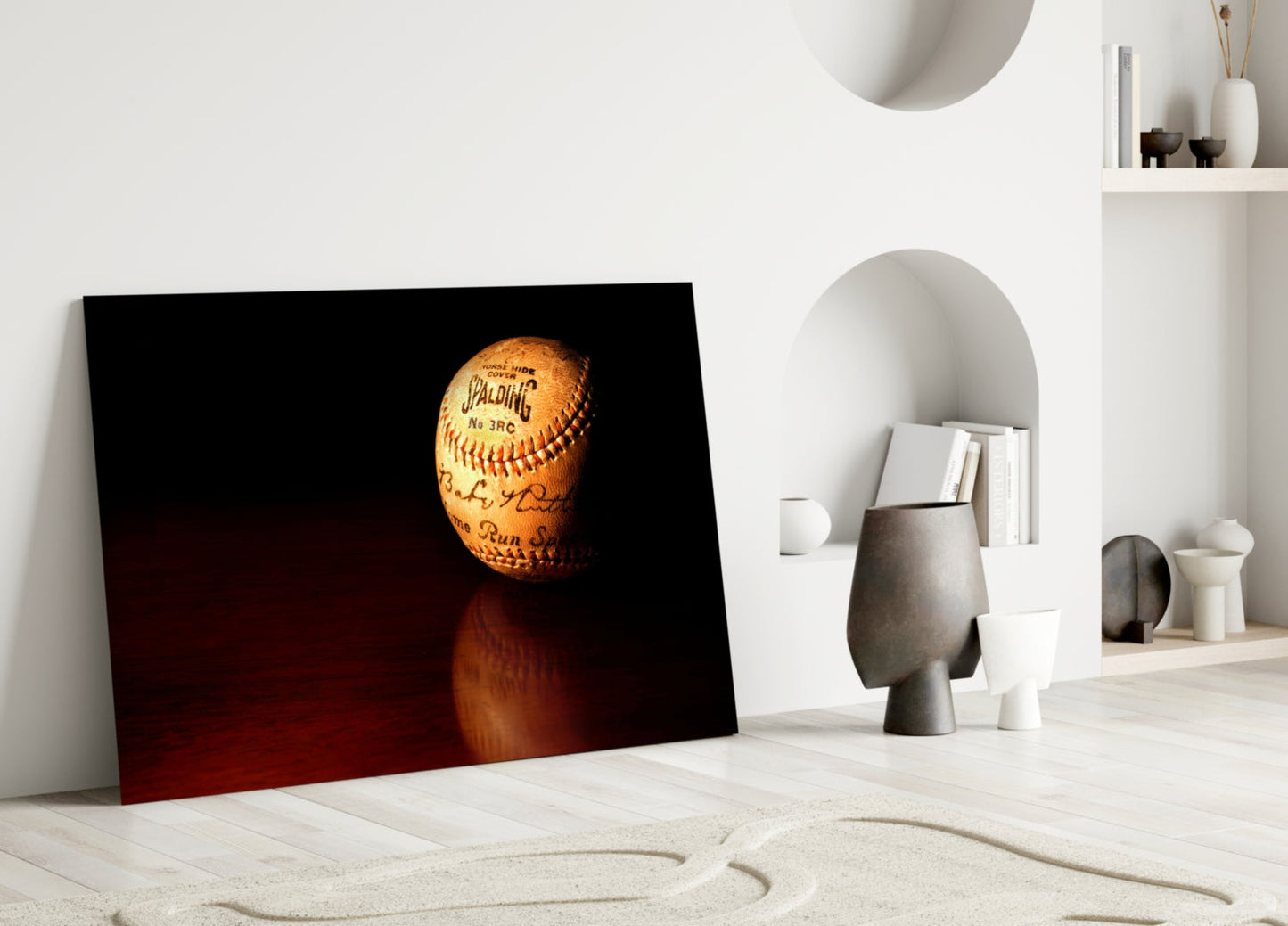 Baseball Glass Wall Art Featuring Signed Vintage Spalding No.3 RC Horsehide Baseball on Mahogany Surface