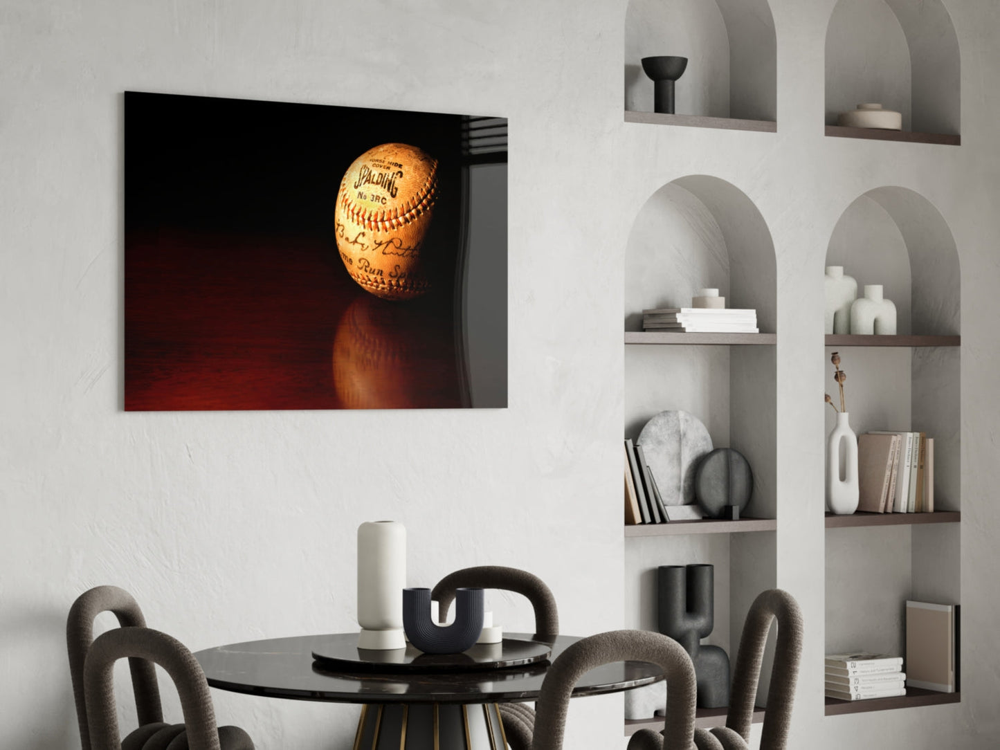 Baseball Glass Wall Art Featuring Signed Vintage Spalding No.3 RC Horsehide Baseball on Mahogany Surface