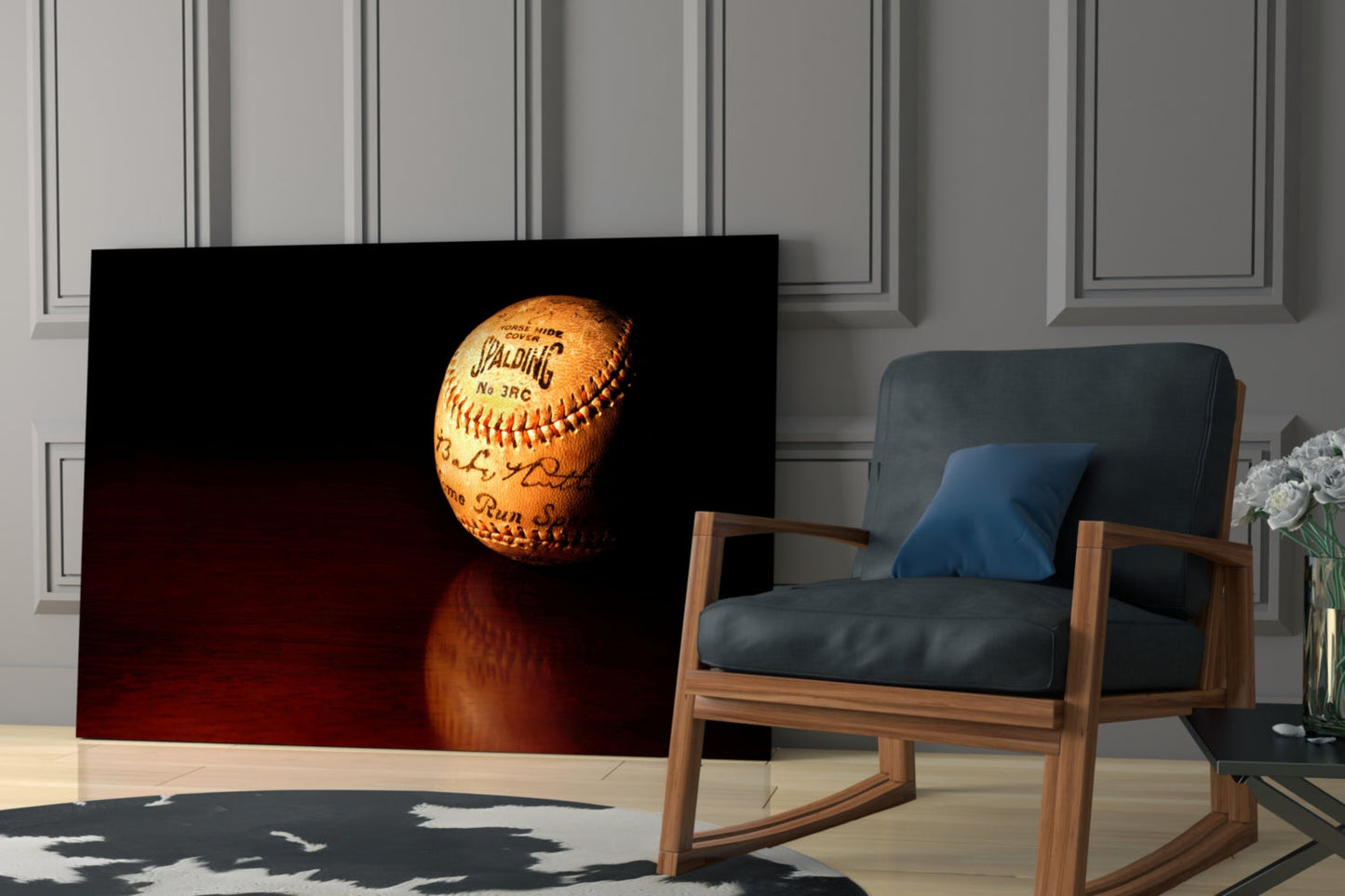 Baseball Glass Wall Art Featuring Signed Vintage Spalding No.3 RC Horsehide Baseball on Mahogany Surface