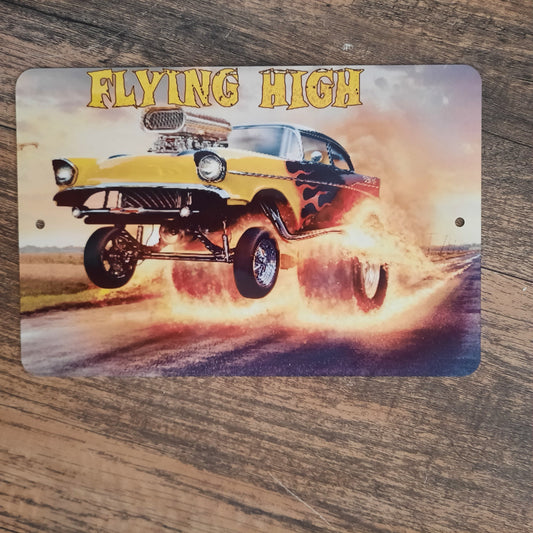 Flaming Hot Rod Flying High Street Drag Racing Car 8x12 Metal Wall Car Sign Garage Poster