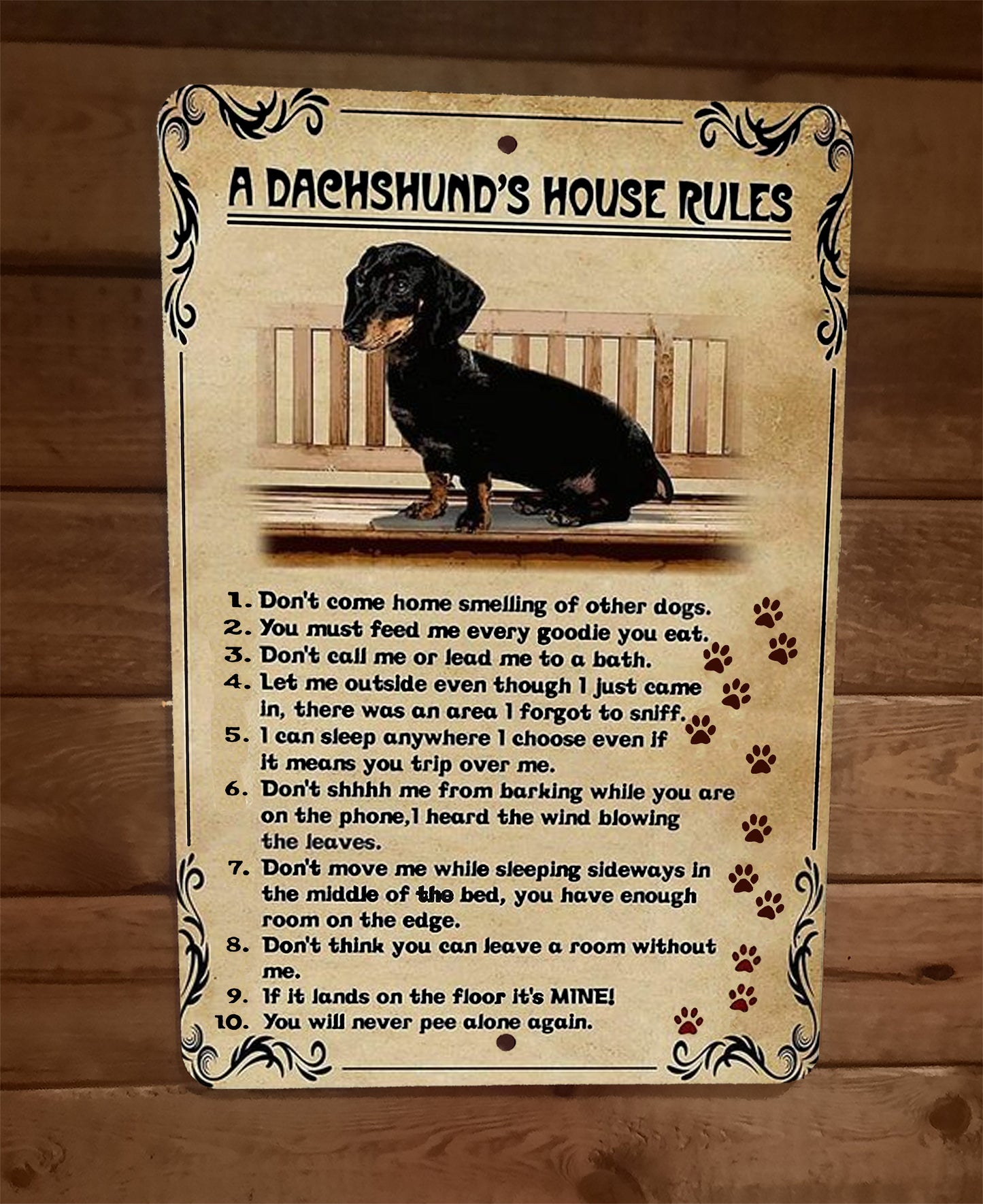 a Dachshunds House Rules Dog Animals 8x12 Metal Wall Sign
