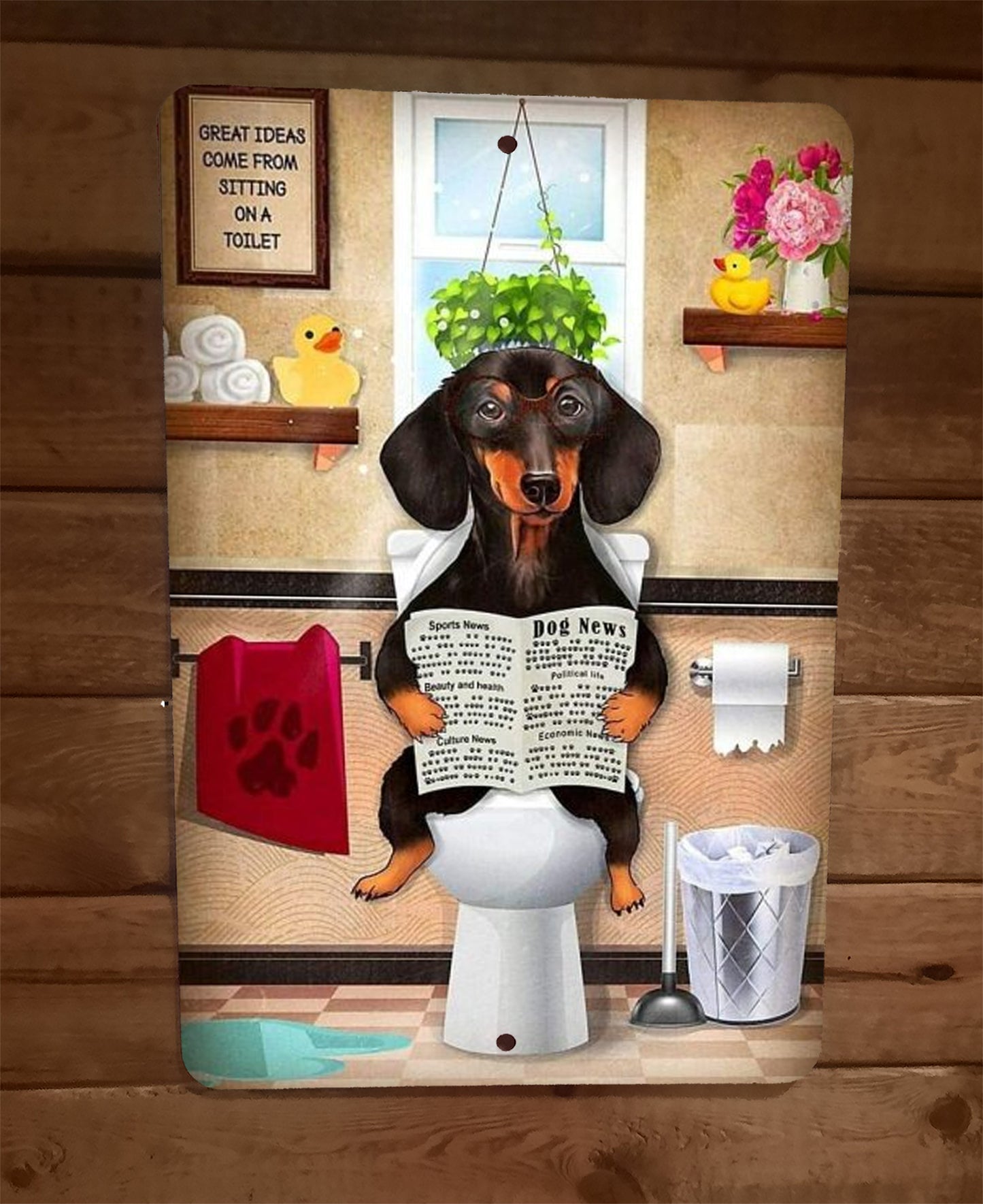 Funny Dog News Dachshund Wiener Dog Sitting on Toilet 8x12 Metal Wall Sign Animals