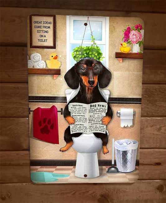 Funny Dog News Dachshund Weiner Dog Sitting on Toilet 8x12 Metal Wall Sign Animals