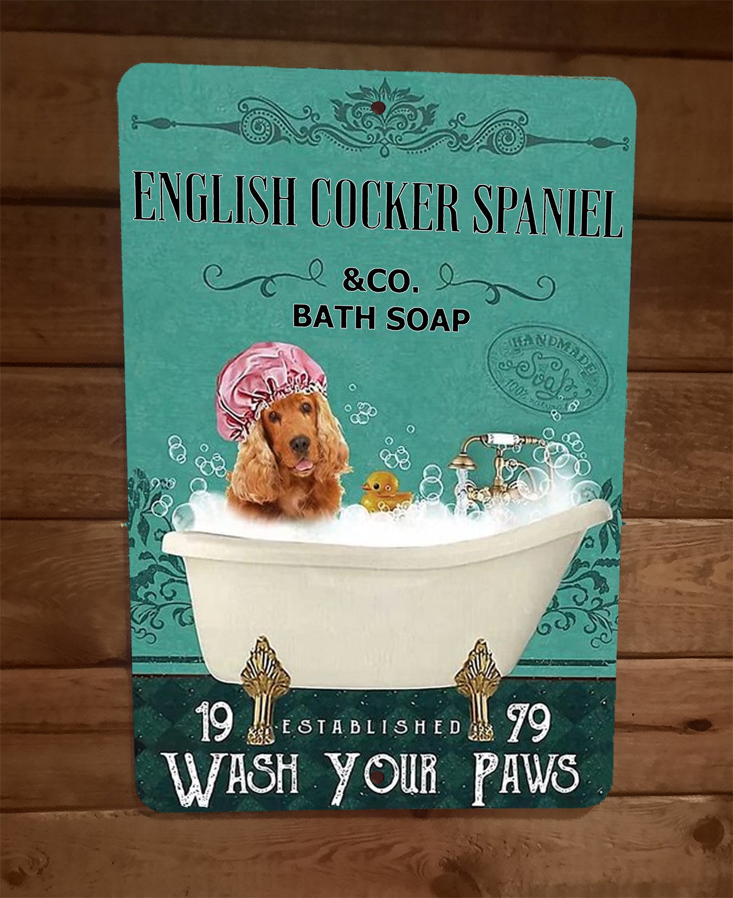 English Cocker Spaniel Bath Soap Wash Your Paws Dog 8x12 Metal Wall Sign Animal