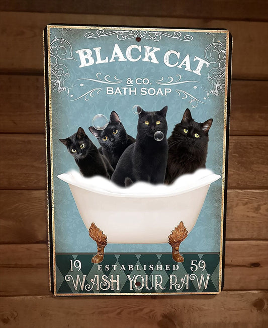 Black Cat Bath Soap 8x12 Metal Wall Sign Animal Poster