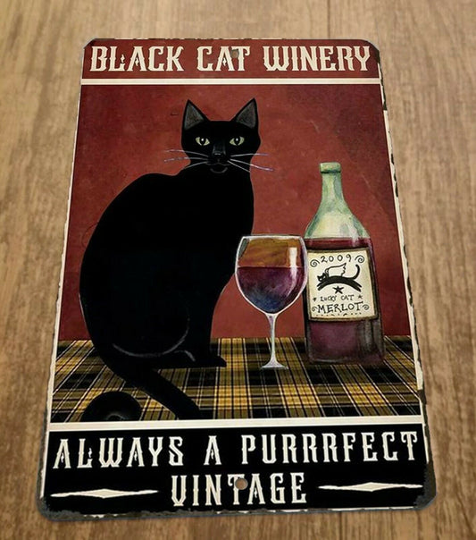 Black Cat Winery Always Purrrfect Vintage 8x12 Metal Wall Animal Bar Sign