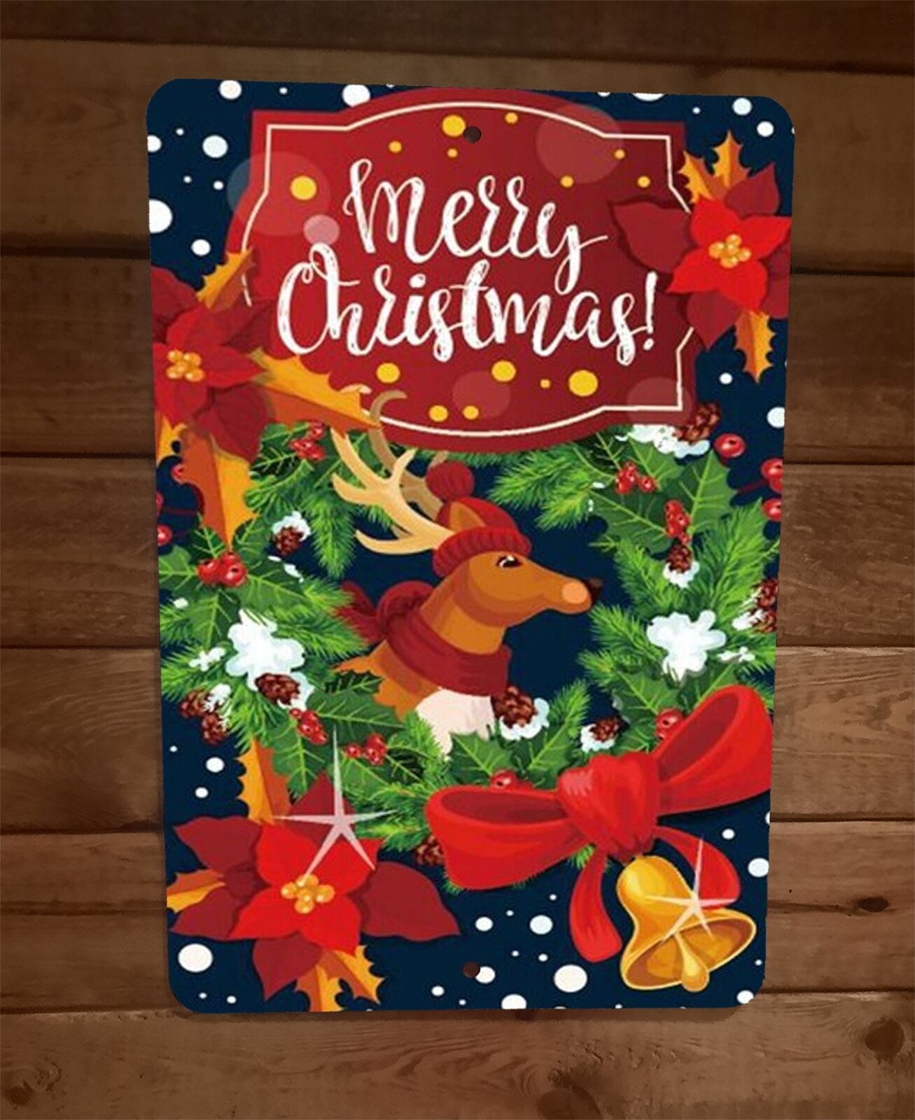 Merry Xmas Christmas Deer Wreath 8x12 Metal Wall Sign Poster