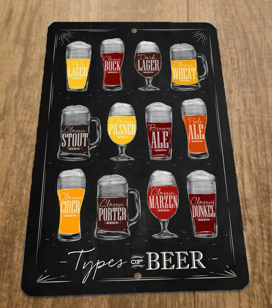 Types of Beer Lager Ale Porter Stout Cider Pilsner 8x12 Metal Wall Bar Sign