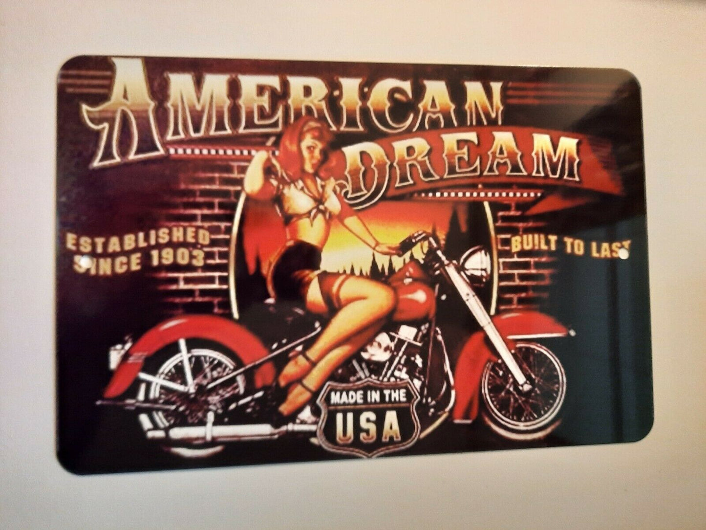 American Dream Biker Motorcycle 8x12 Aluminum Metal Wall Garage Man Cave Sign Garage Poster