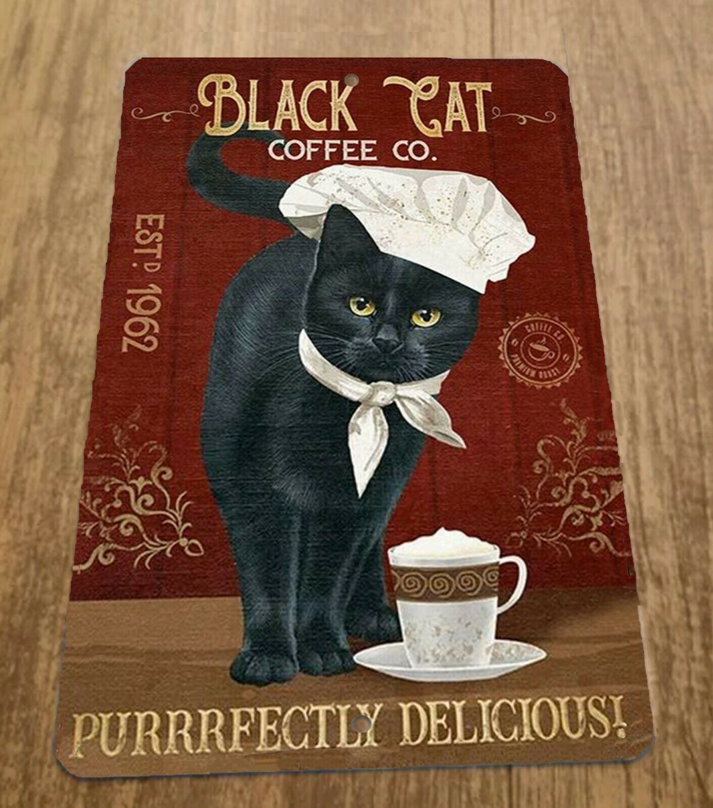Black Cat Coffee Purrrfectly Delicious 8x12 Metal Wall Animal Sign