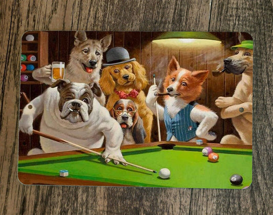 Dogs Playing Shooting Pool Billiards Artwork 8x12 Metal Wall Animal Sign