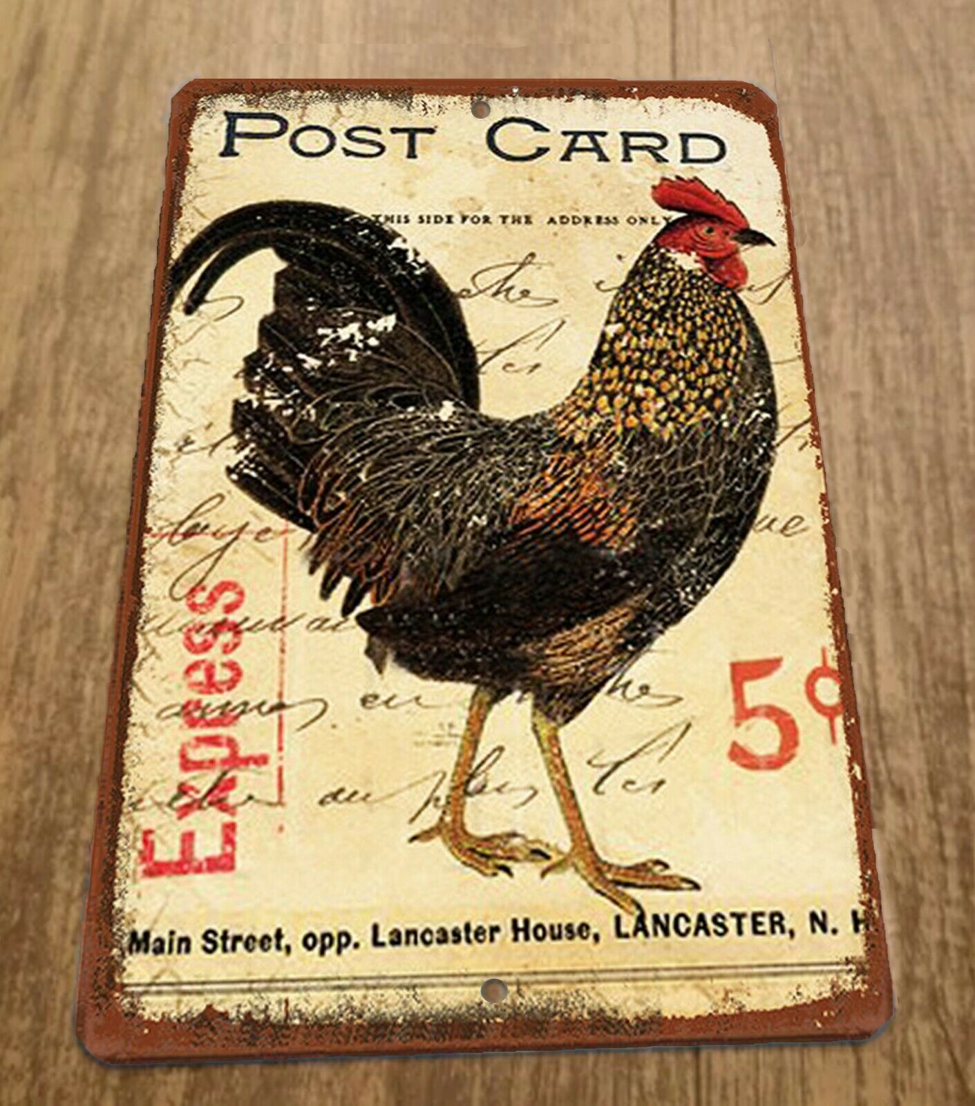 Vintage Rooster Post Card 8x12 Metal Wall Animal Sign