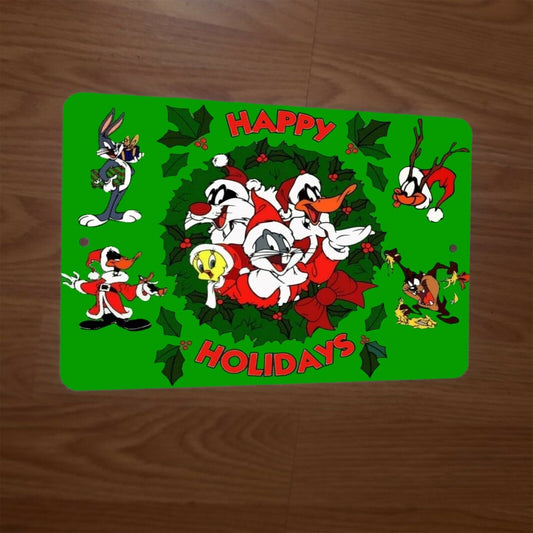 Looney Tunes Happy Holidays 8x12 Metal Wall Sign Classic Cartoon Bugs Bunny Daffy Duck Tweety Taz