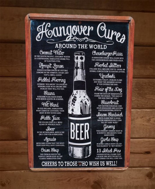 Hangover Cures Around the World 8x12 Metal Wall Bar Sign Poster