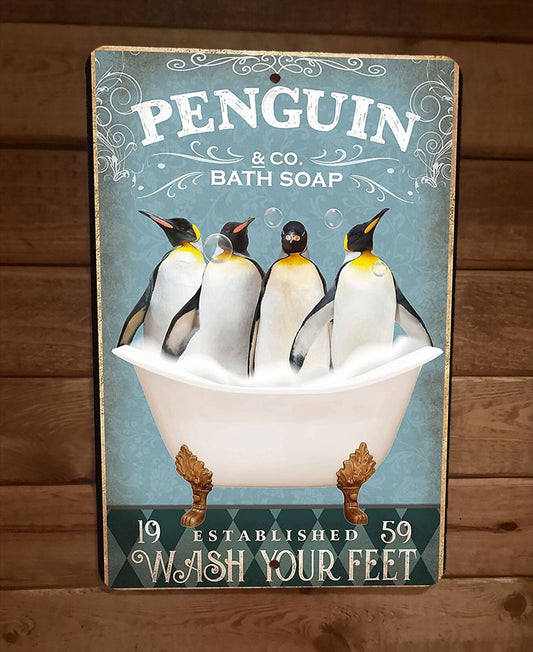 Penguin Bath Soap 8x12 Metal Wall Sign Animal Poster