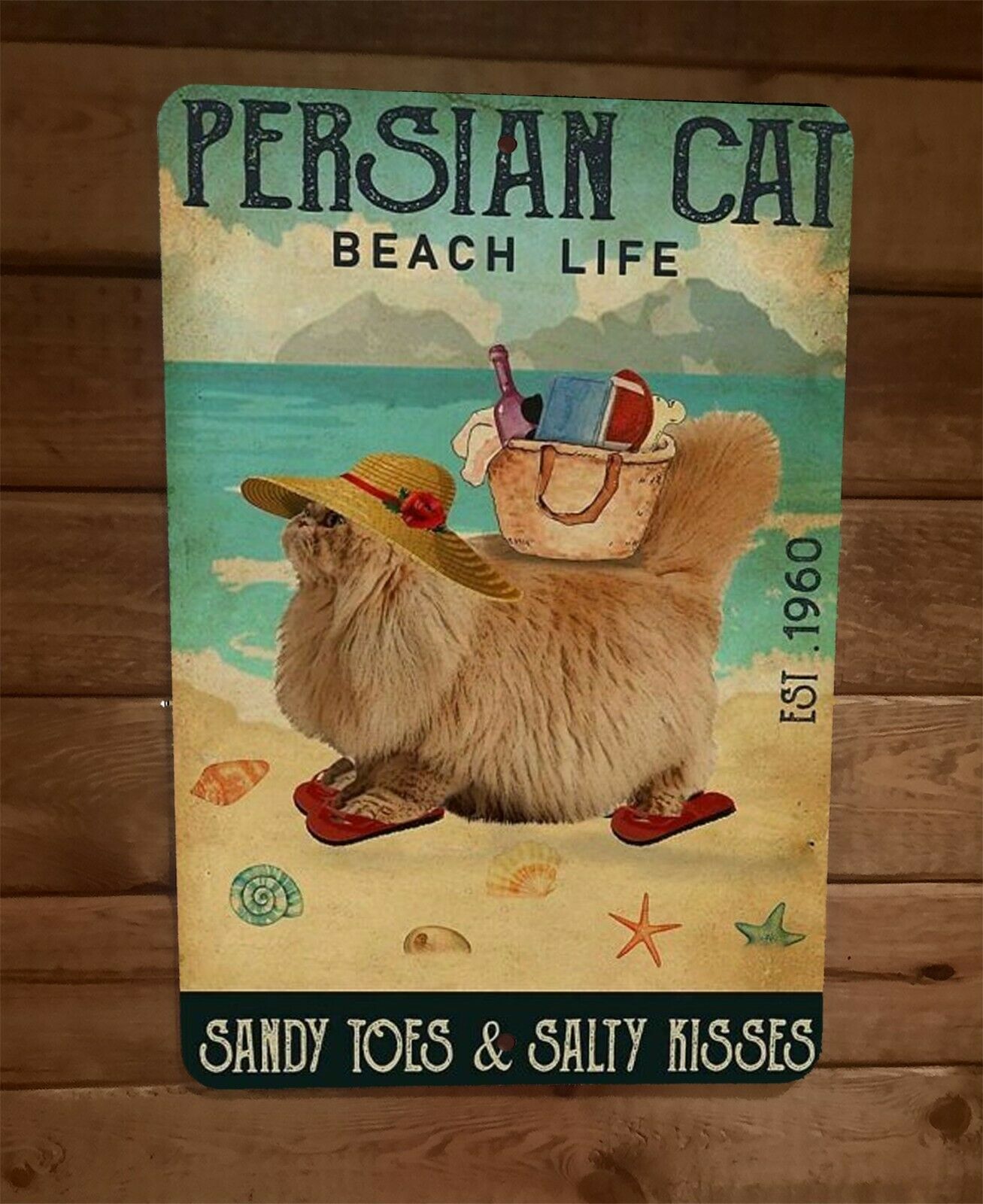 Persian Cat Beach Life Sandy Toes Salty Kisses Animals 8x12 Metal Wall Sign