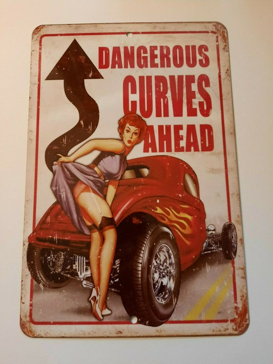 Dangerous Curves Ahead Hot Rod 8x12 Metal Wall Sign Garage Poster