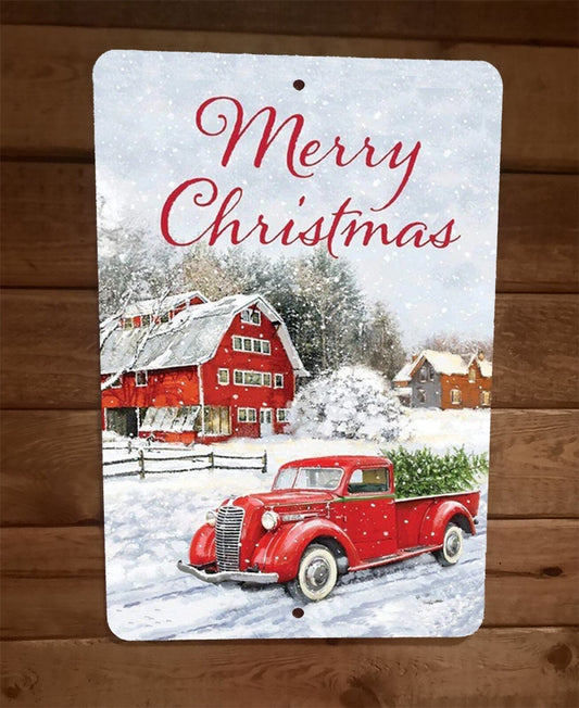 Merry Xmas Christmas Scene Antique Truck 8x12 Metal Wall Sign Poster