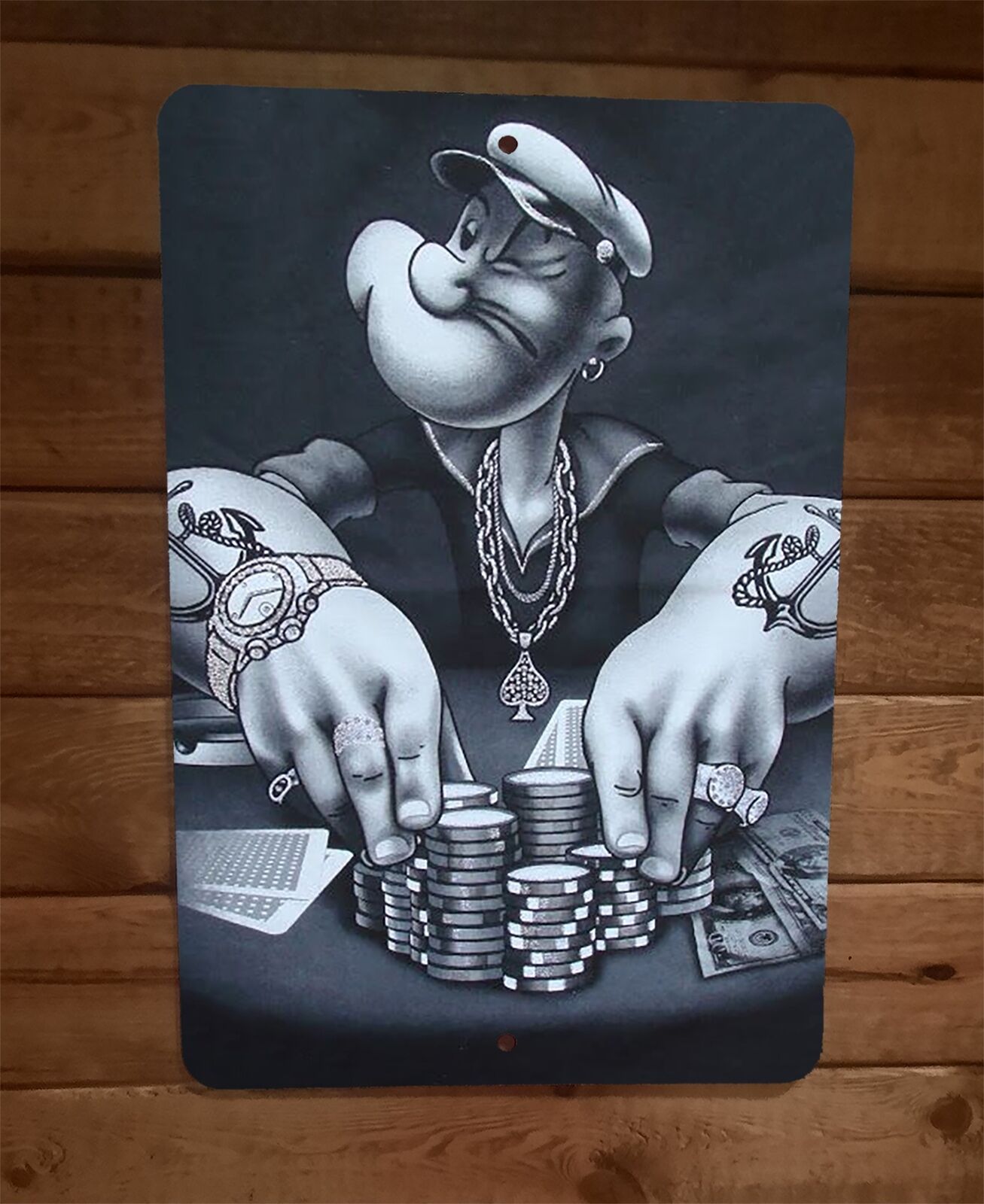 Popeye the Sailor Playing Poker All In Bling Bling 8x12 Metal Wall Poster