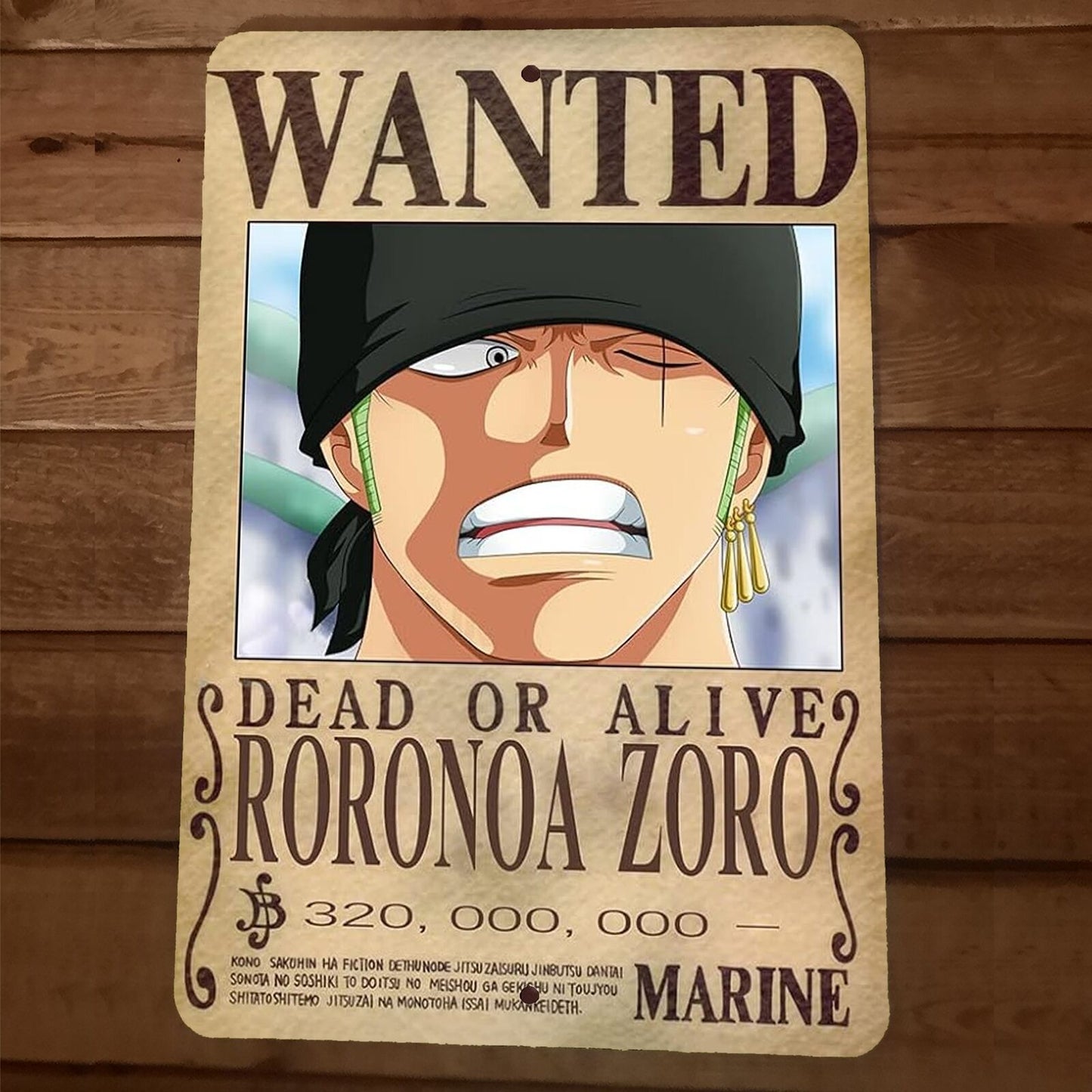 Wanted Roronoa Zoro  8x12 Metal Wall One Piece Sign