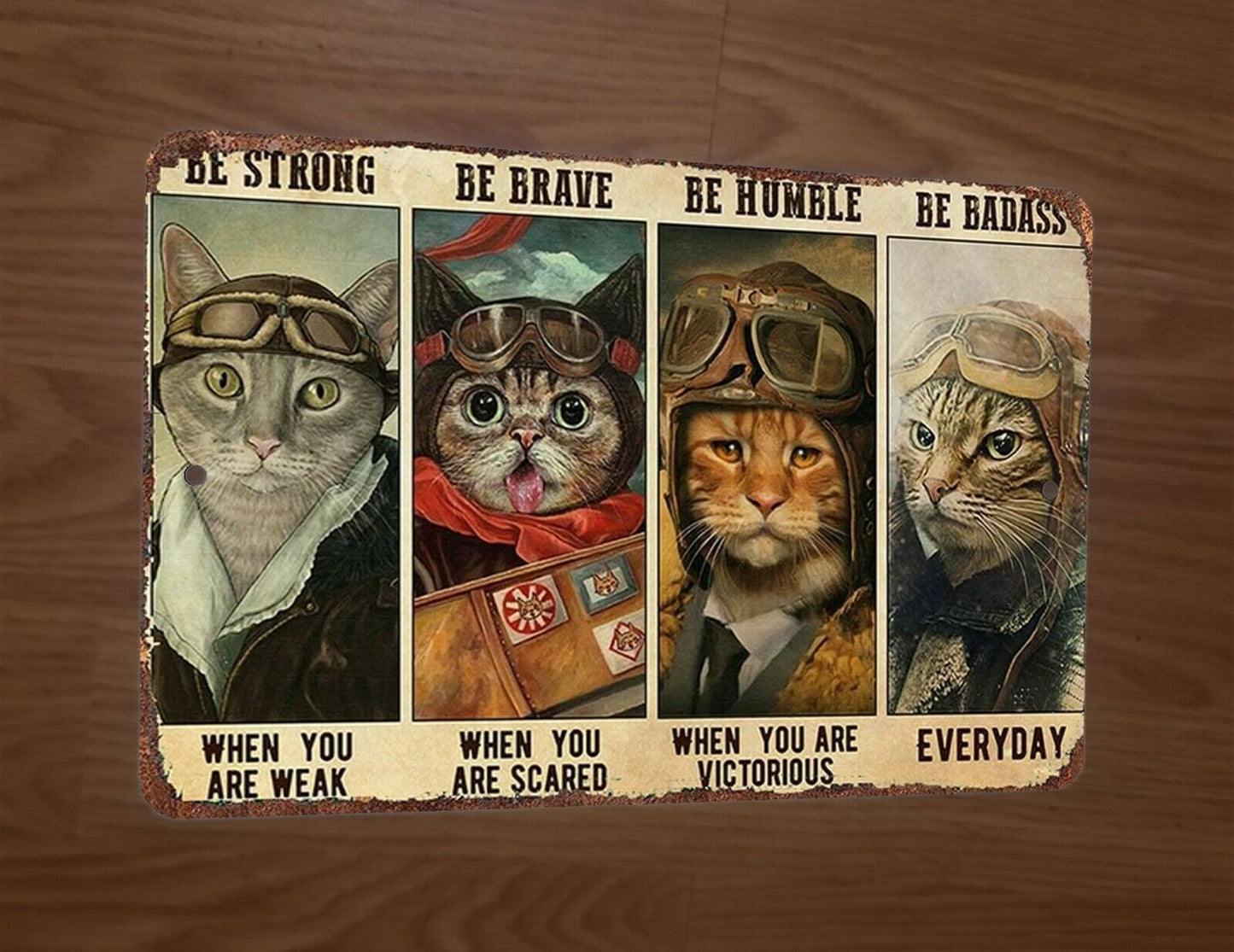 Cat Pilots Be Strong Brave Humble Badass 8x12 Metal Wall Animal Sign