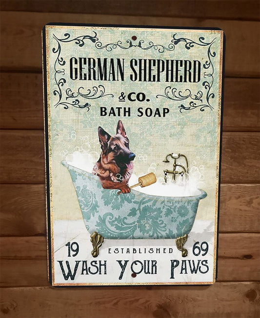 German Shephard Bath Soap Dog 8x12 Metal Wall Sign Animal Poster