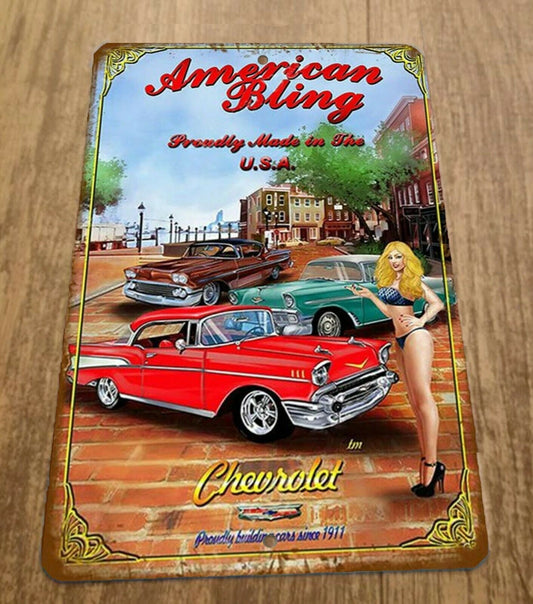 1950s Chevy American Bling Vintage Proudly Made in the USA 8x12 Metal Wall Car Sign