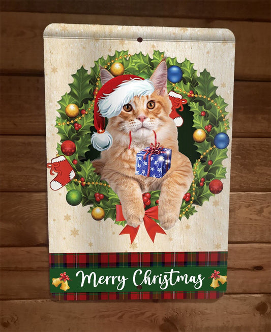 Merry Christmas Maine Coon Cat Xmas 8x12 Metal Wall Sign Animal Poster