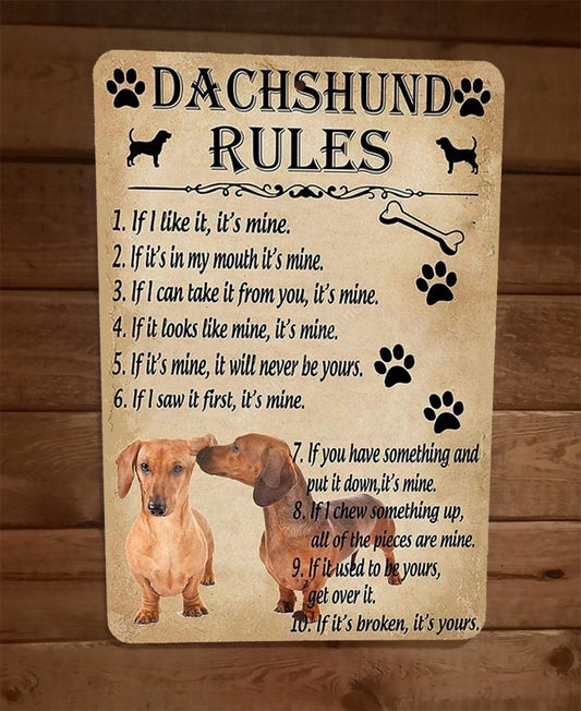 Dachshund Dog Rules 8x12 Metal Wall Sign Animal Poster